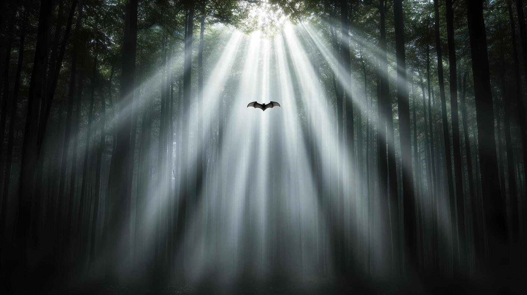 A bat flies through the forest with rays of light photo