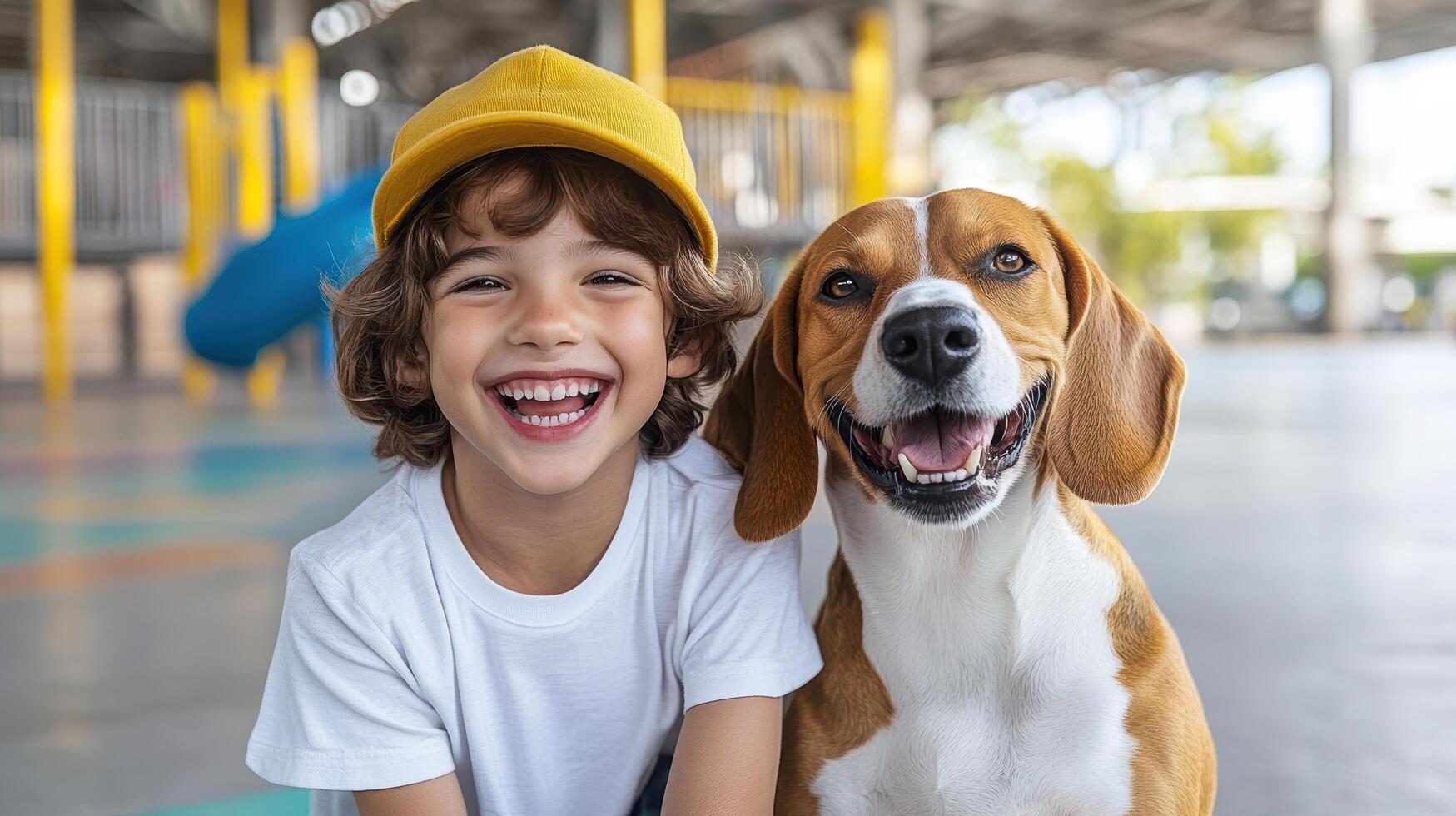 A boy and his dog are smiling together photo