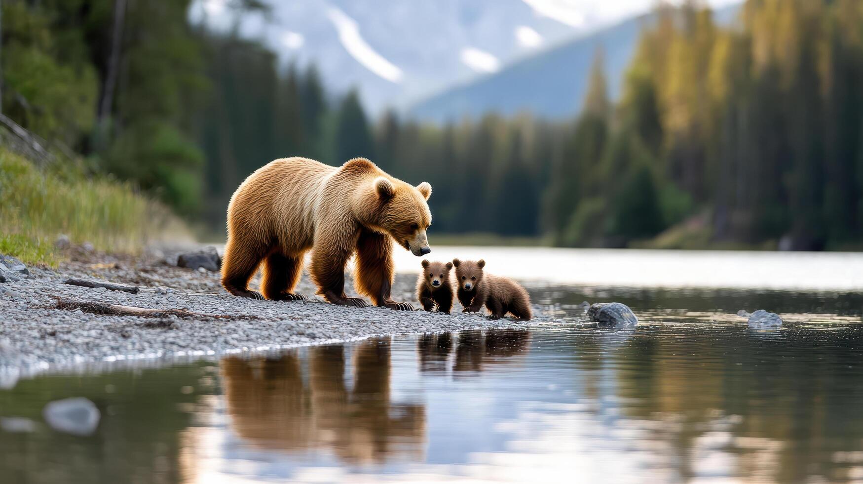 A bear and her cubs are walking along the shore of a lake photo