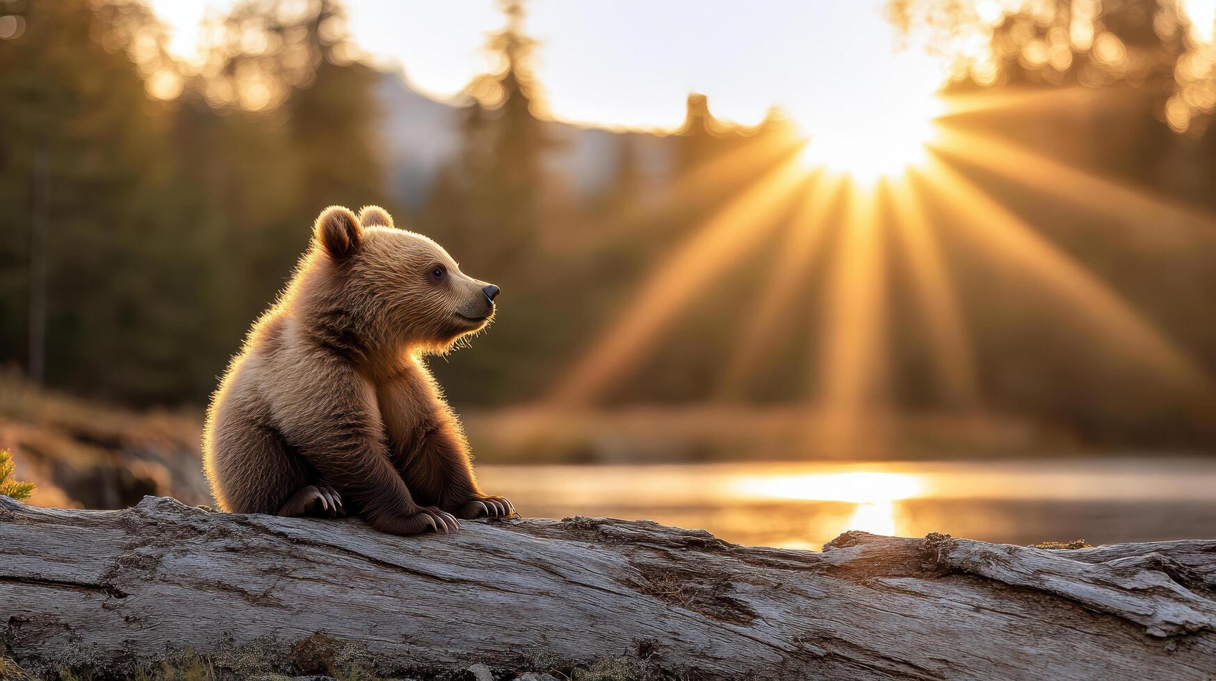 A bear cub sitting on a log in front of a river photo