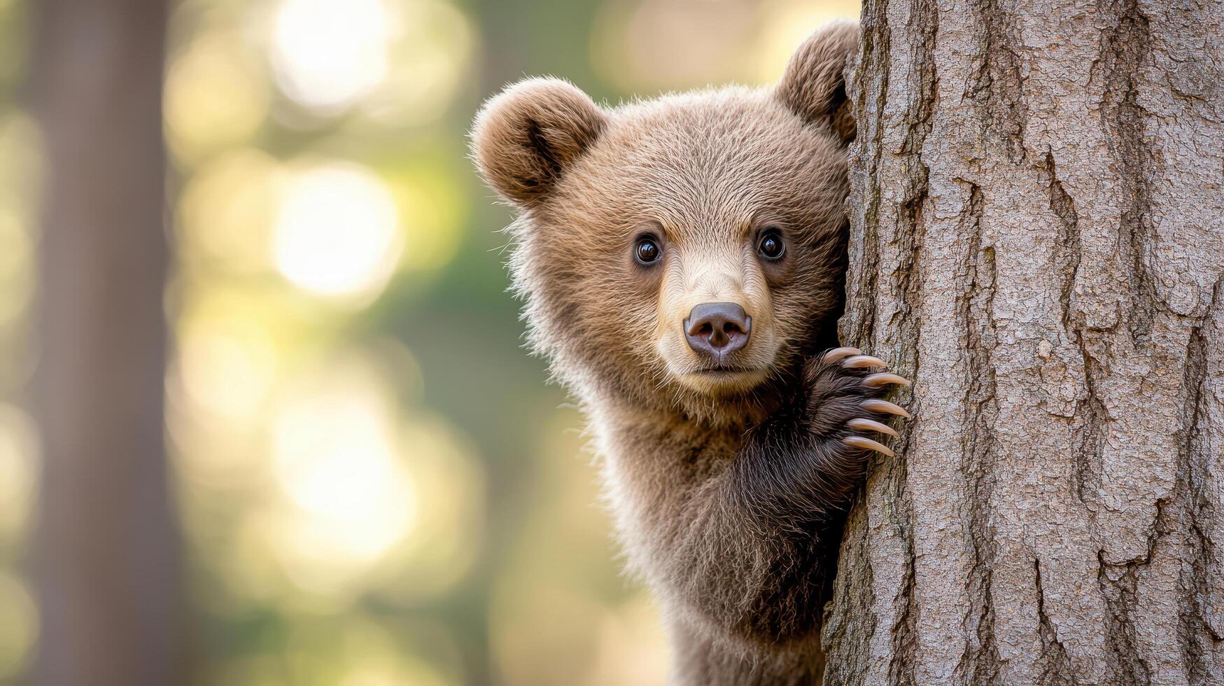 A brown bear peeking out from behind a tree photo