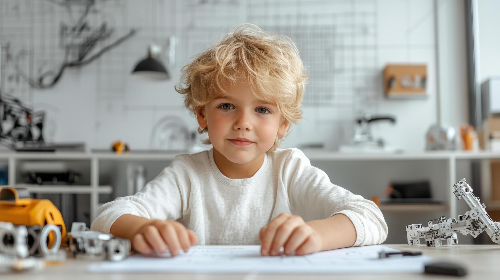 A young boy is sitting at a table with a paper and a toy photo