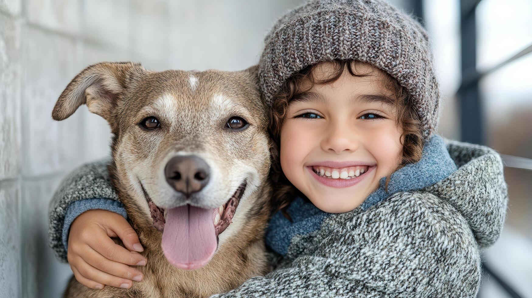 A young boy is hugging a dog photo