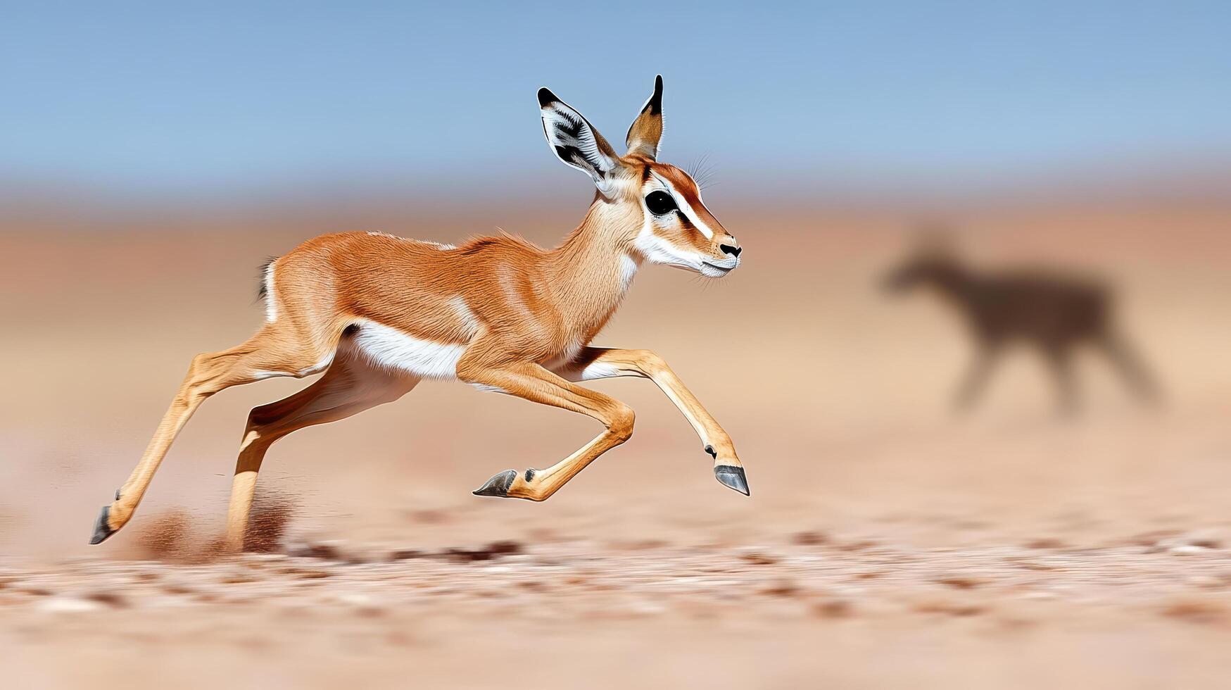 A small antelope running across a sandy field photo
