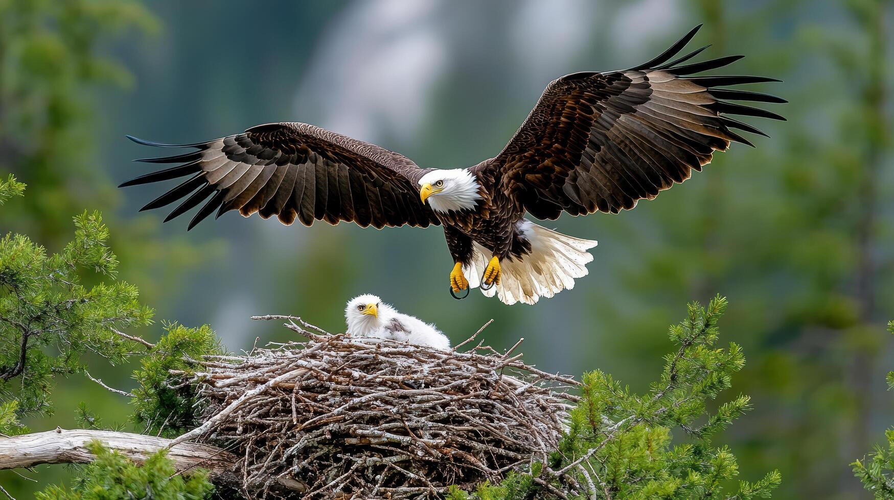 A bald eagle and its young are flying over a nest photo