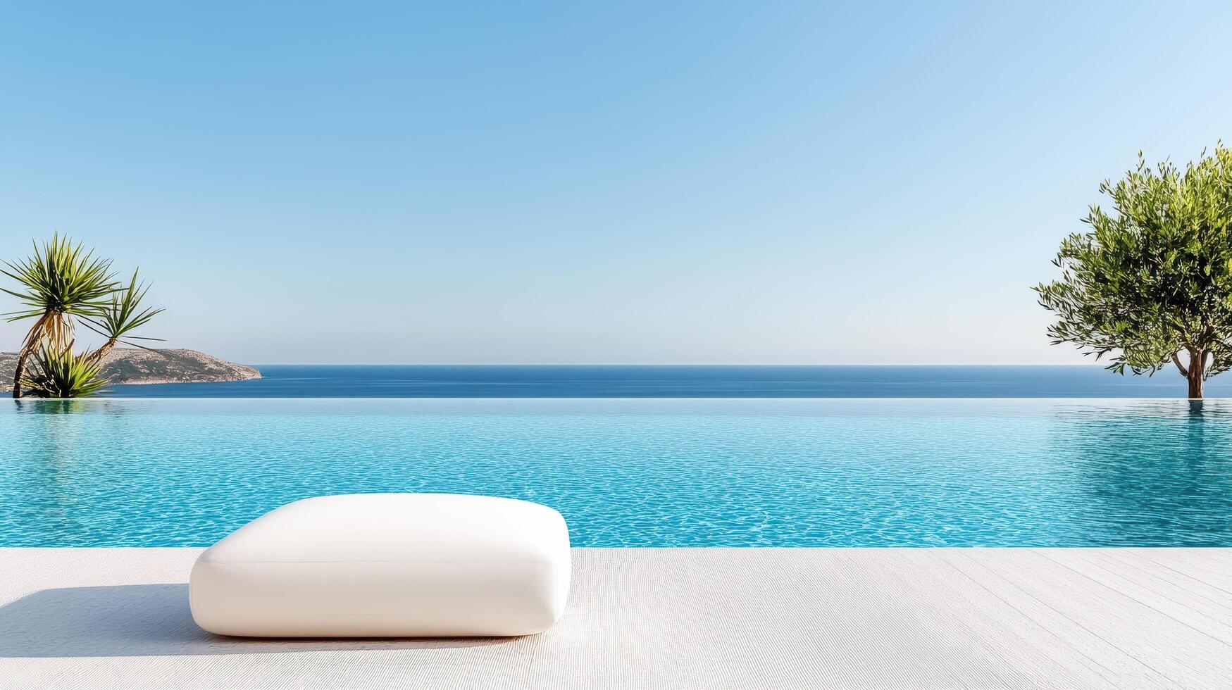 White ottoman sitting on the edge of a pool with the ocean in the background photo