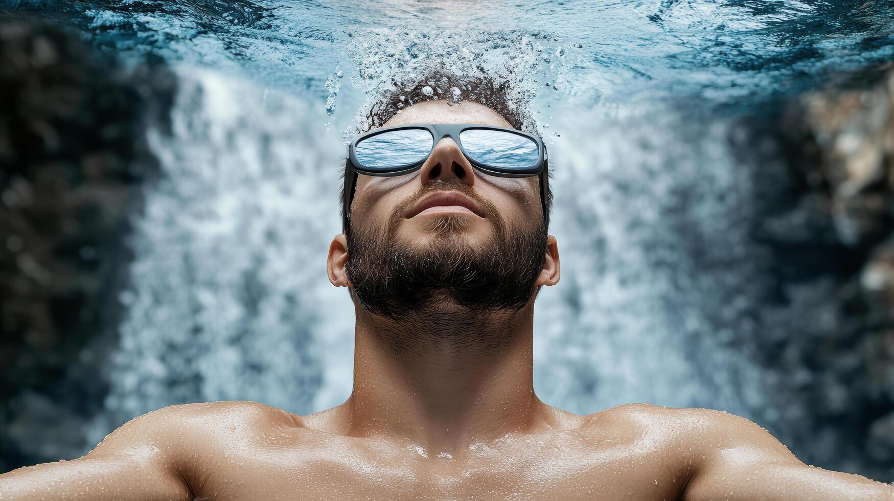 A man wearing sunglasses and swimming in a waterfall photo