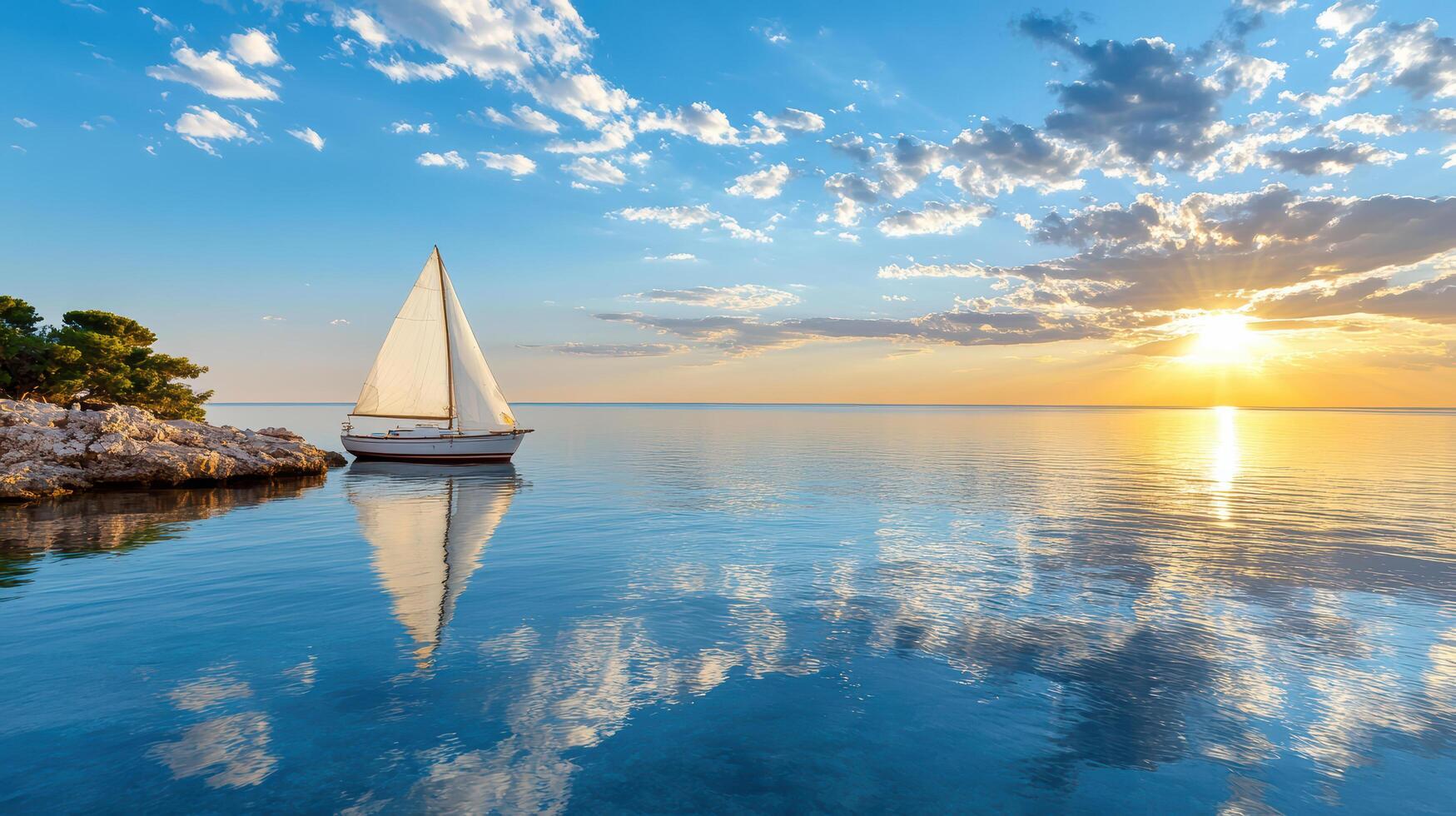A sailboat is floating in the water at sunset photo
