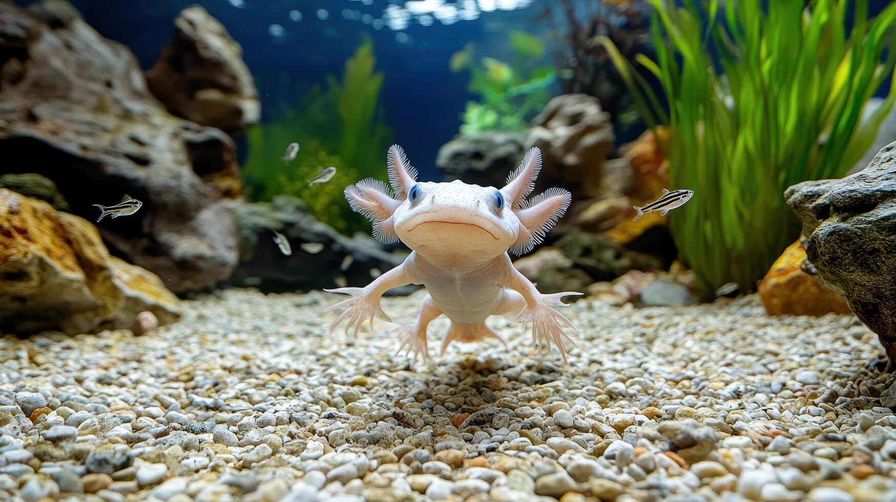 A white fish in an aquarium with rocks and gravel photo