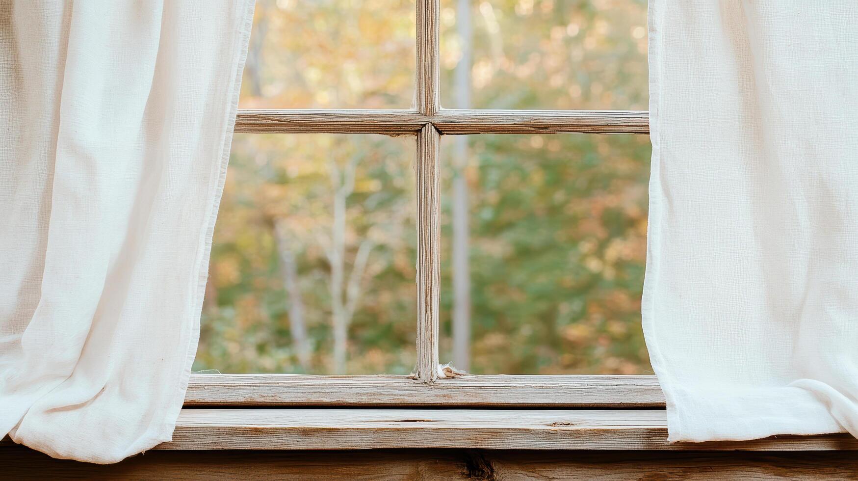 A window with white curtains and a view of trees photo