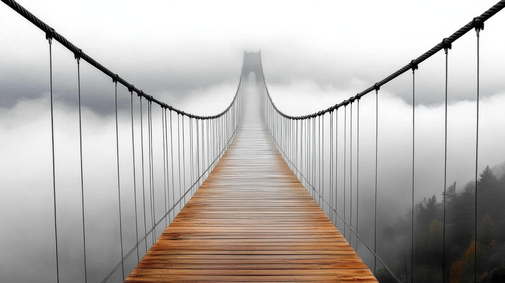 Suspension bridge over the foggy mountains photo