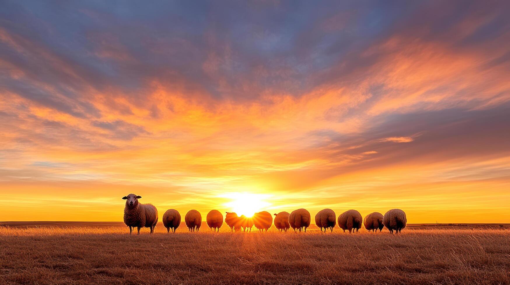 A flock of sheep standing in a field at sunset photo