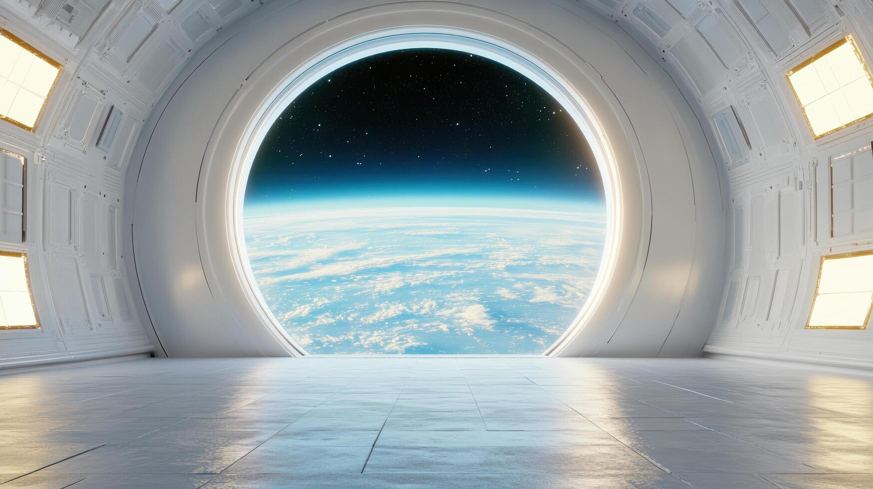 An open door in a white room with a view of earth photo