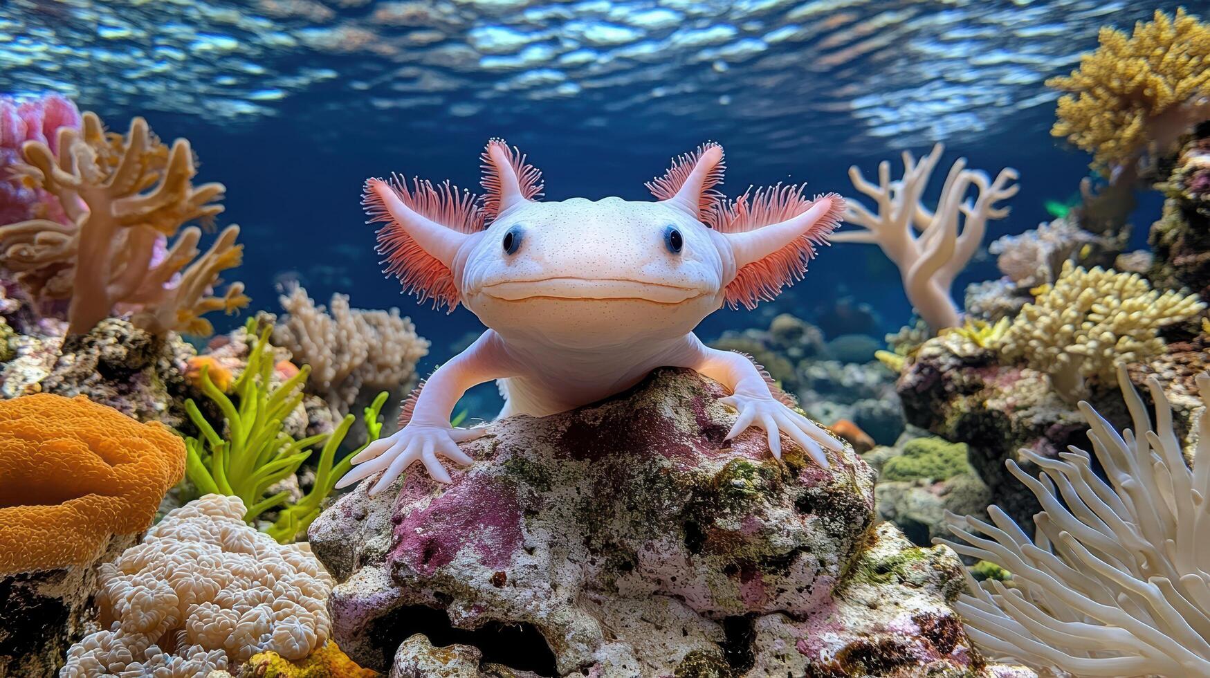 An axolotl is sitting on a coral reef photo