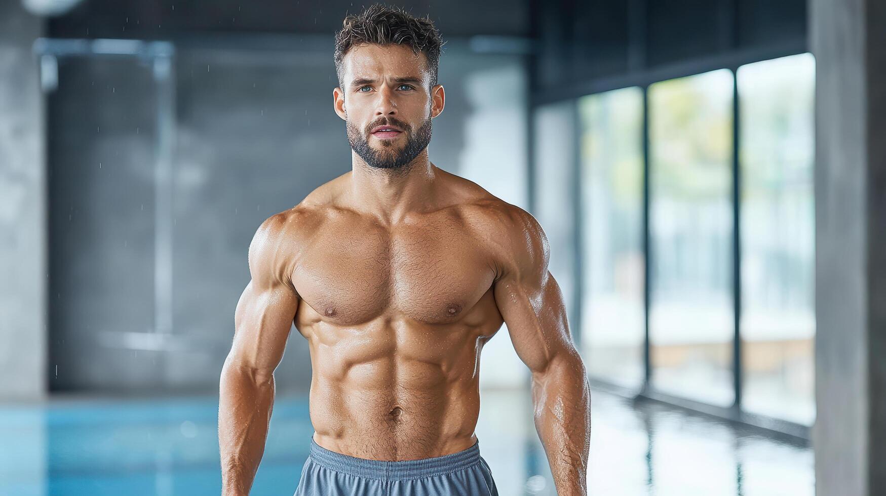A man with a muscular body standing in front of a pool photo