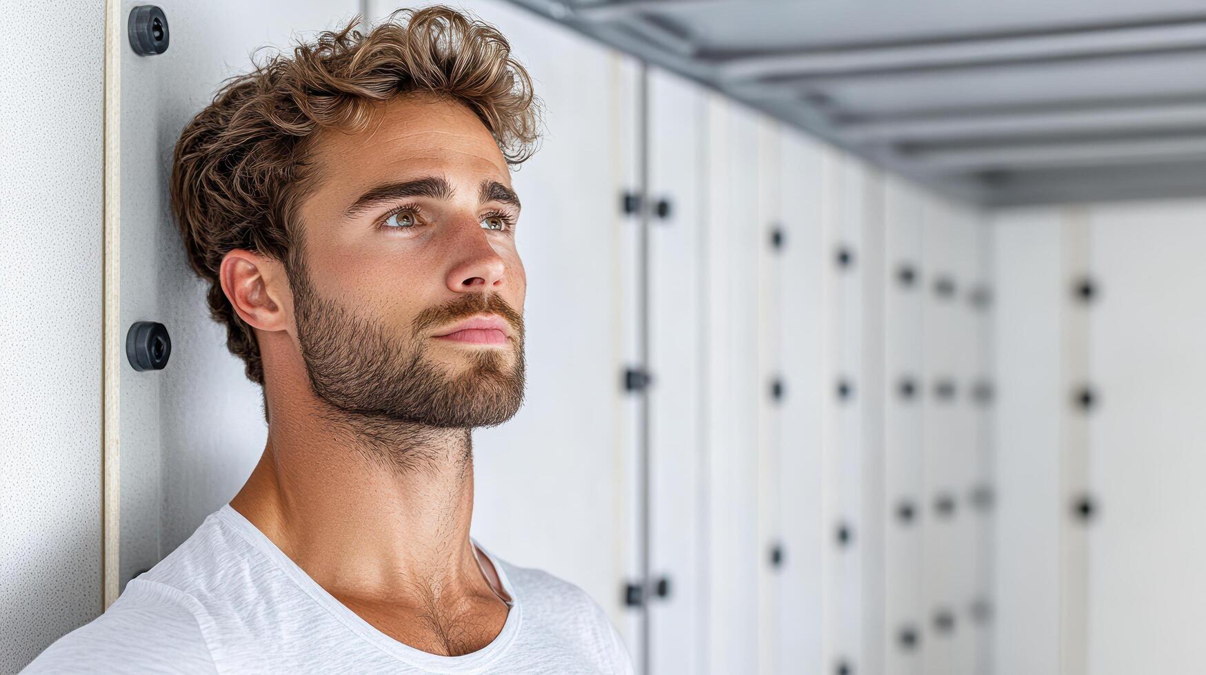 A man with a beard and a white shirt is standing in front of a wall photo