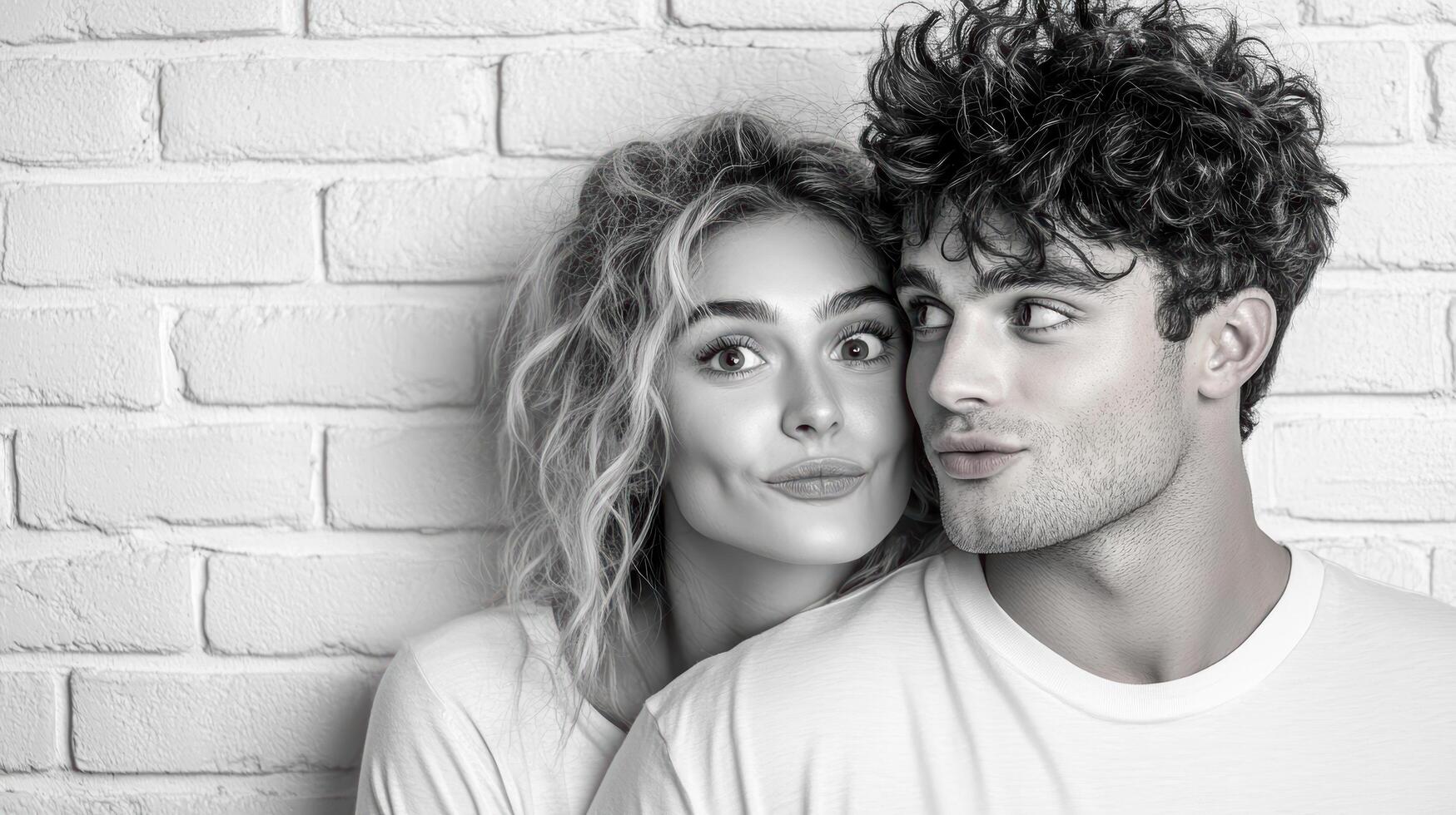 A man and woman are posing in front of a brick wall photo