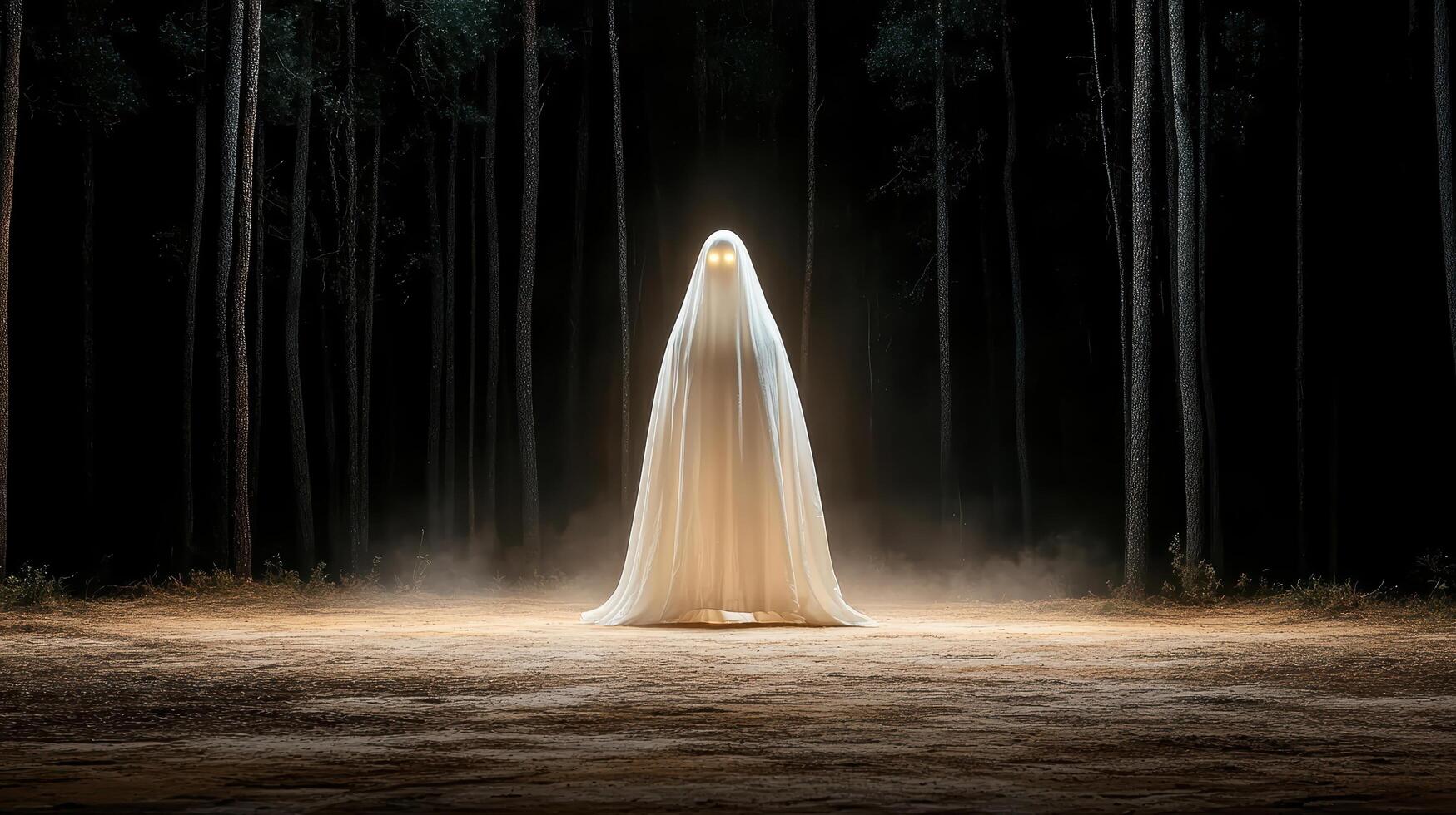 A ghostly figure standing in the middle of a forest photo