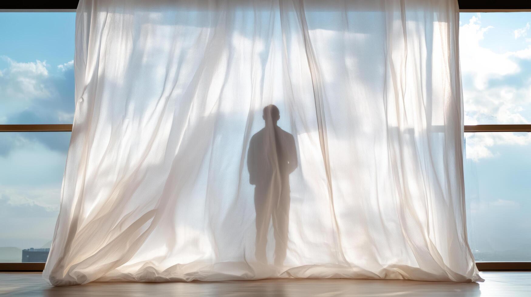 A man standing in front of a window with a curtain photo