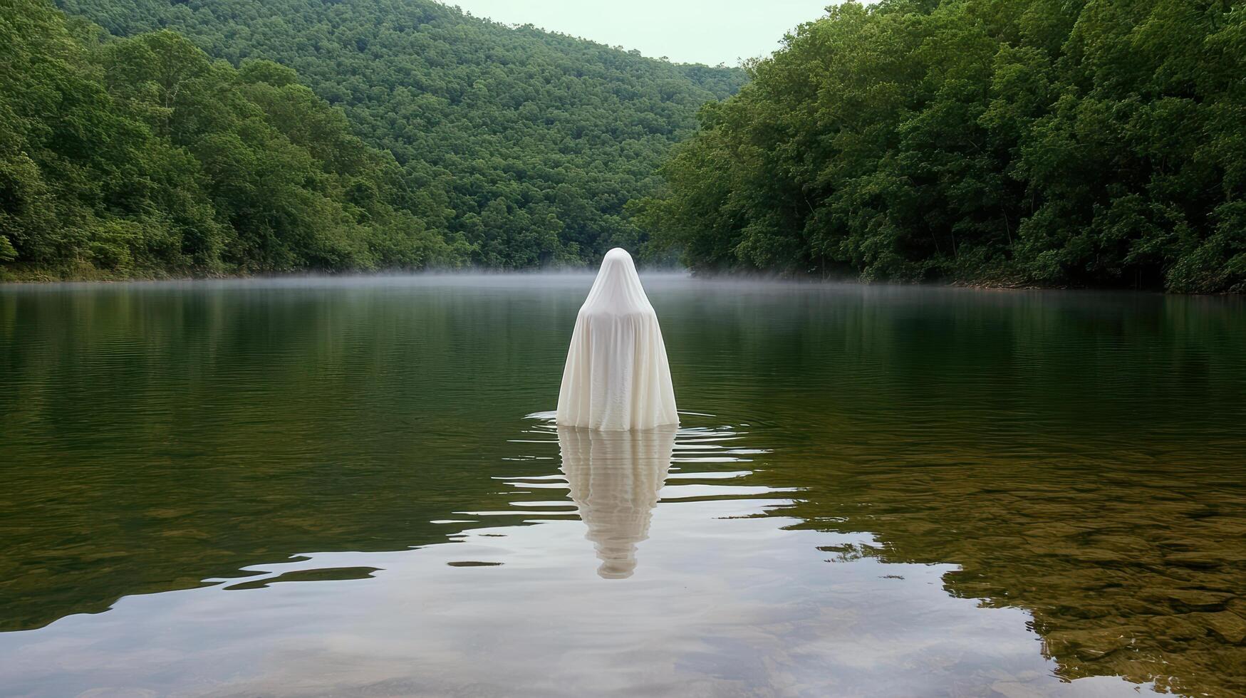 A white object floating in the water near a forest photo
