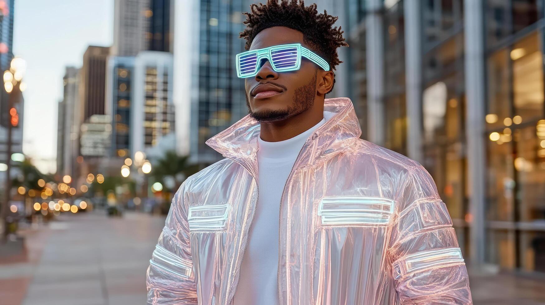 A man wearing a neon jacket and sunglasses photo