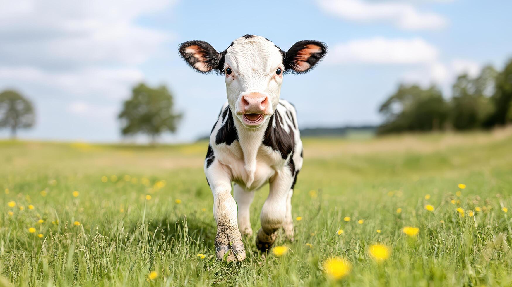 A black and white cow running through a field photo