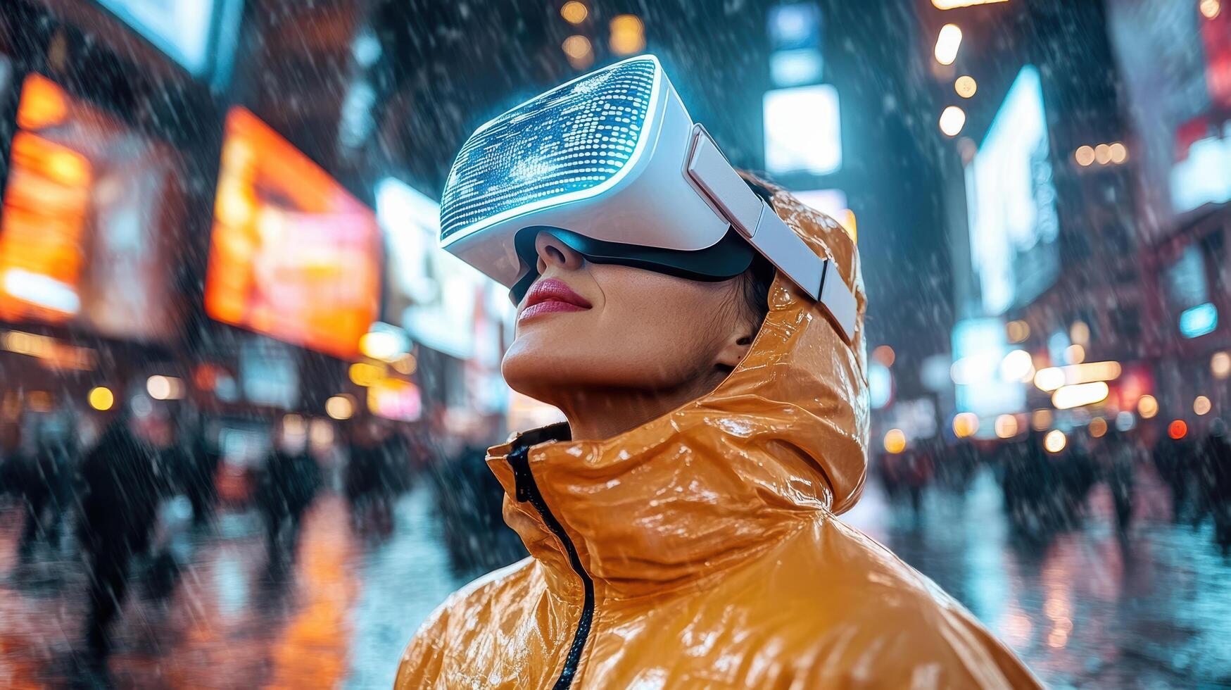 A woman wearing a virtual reality headset in the rain photo