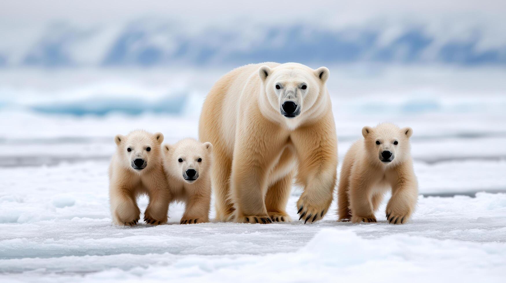 A polar bear family walking across the ice photo
