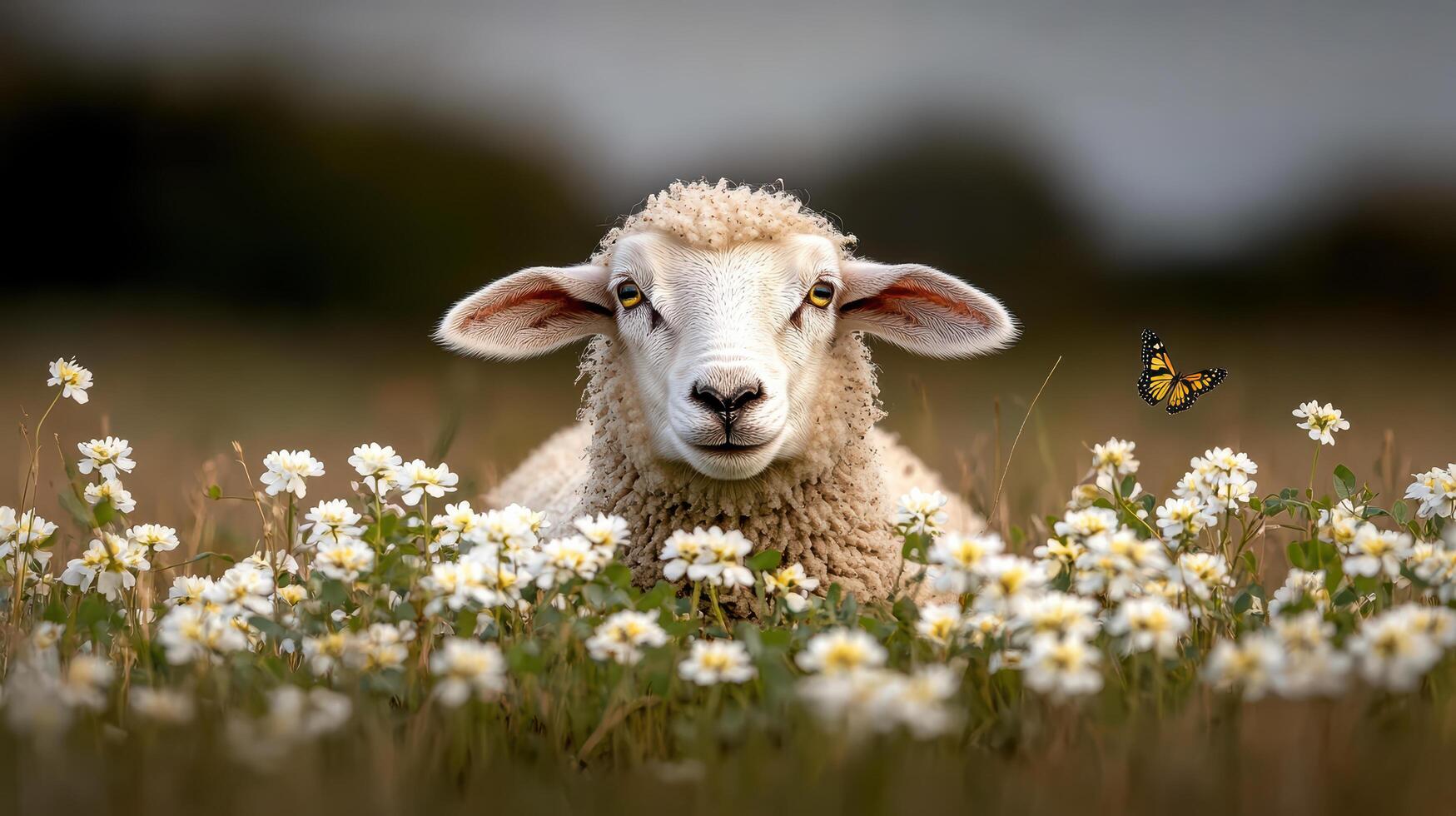 A sheep is standing in a field of flowers photo