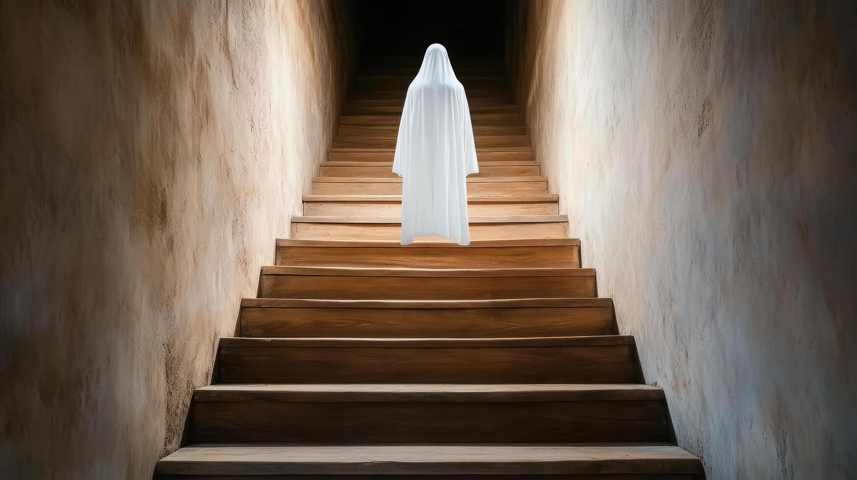 A white ghostly figure standing on the stairs photo