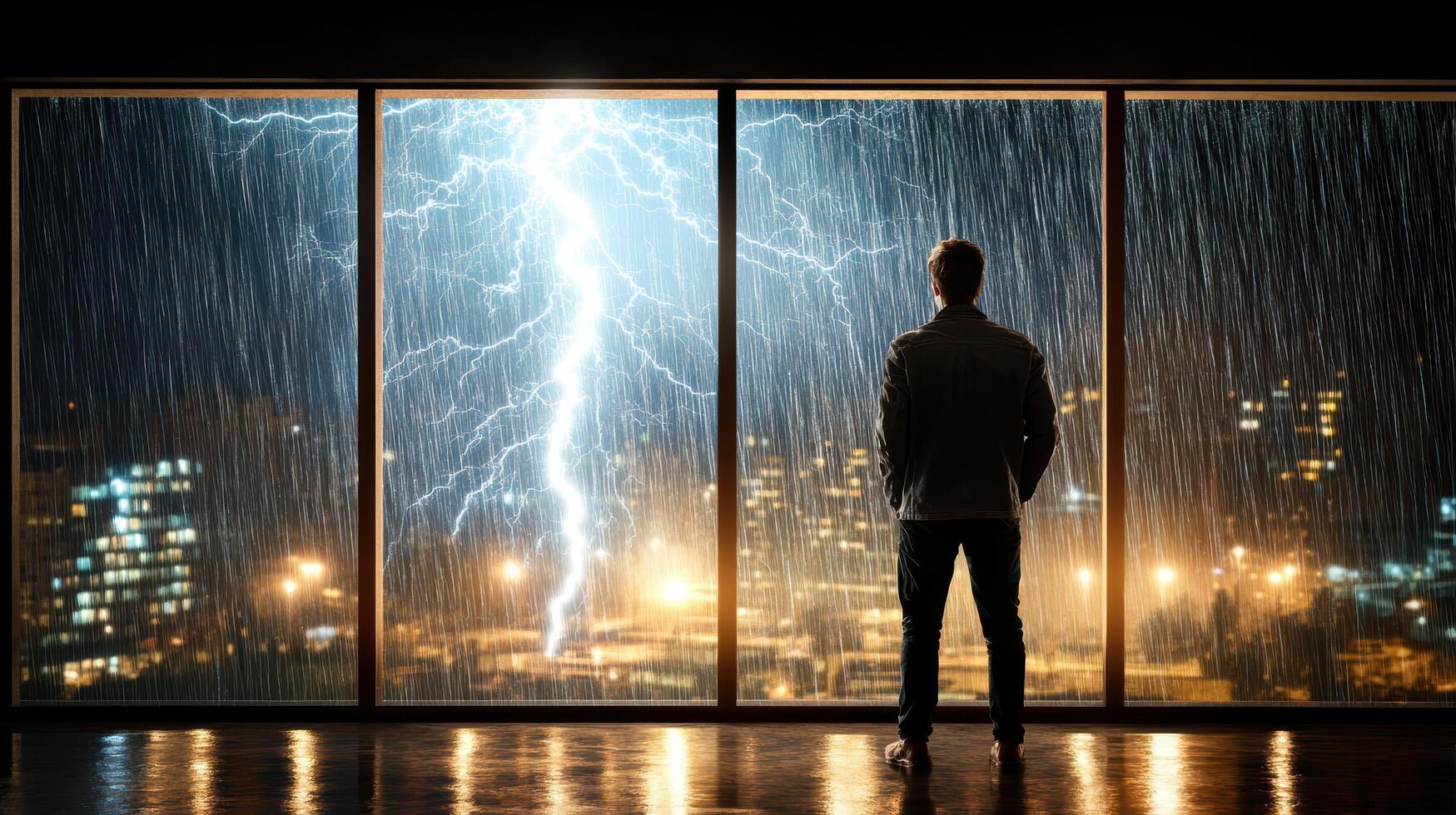 A man standing in front of a window looking out at a city with lightning photo