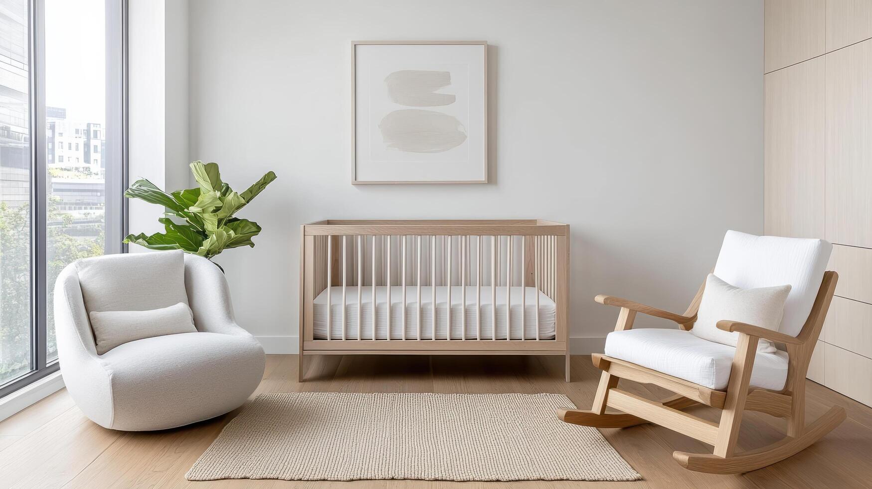 A modern nursery with a rocking chair and a crib photo