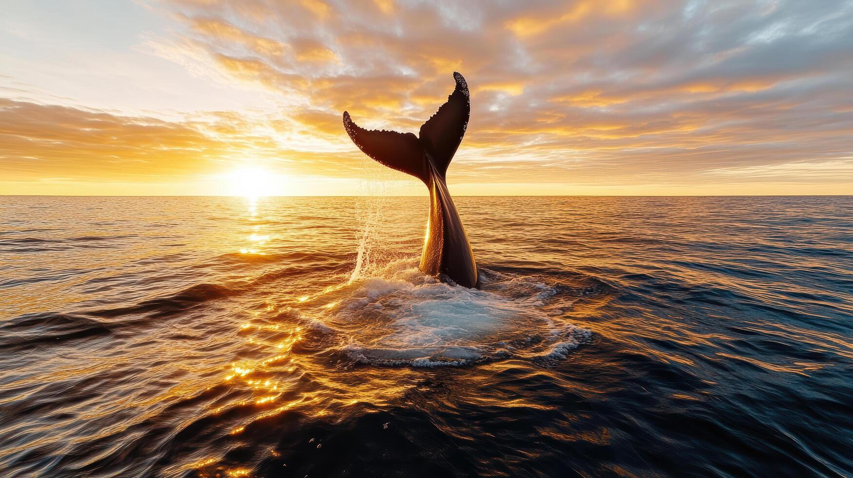 A whale tail is seen in the ocean at sunset photo