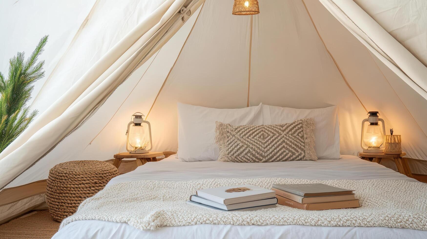 A bed inside a tent with books and pillows photo