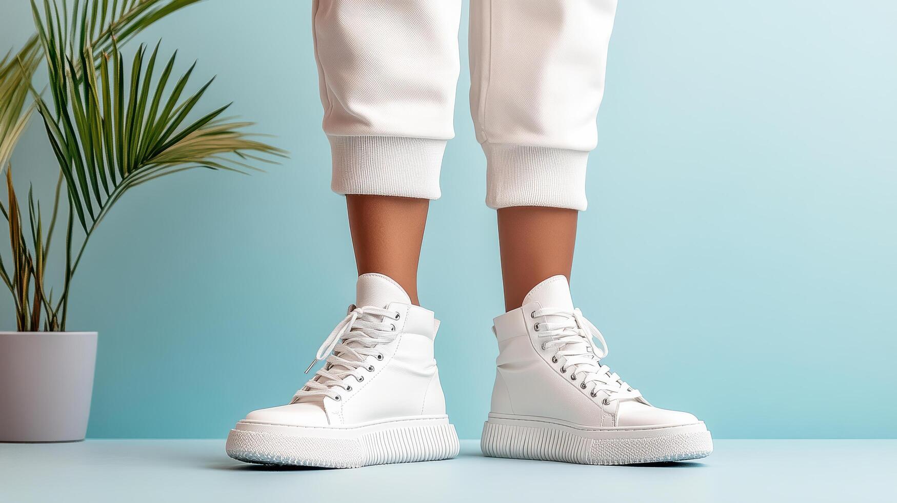 A woman's legs in white sneakers and pants photo