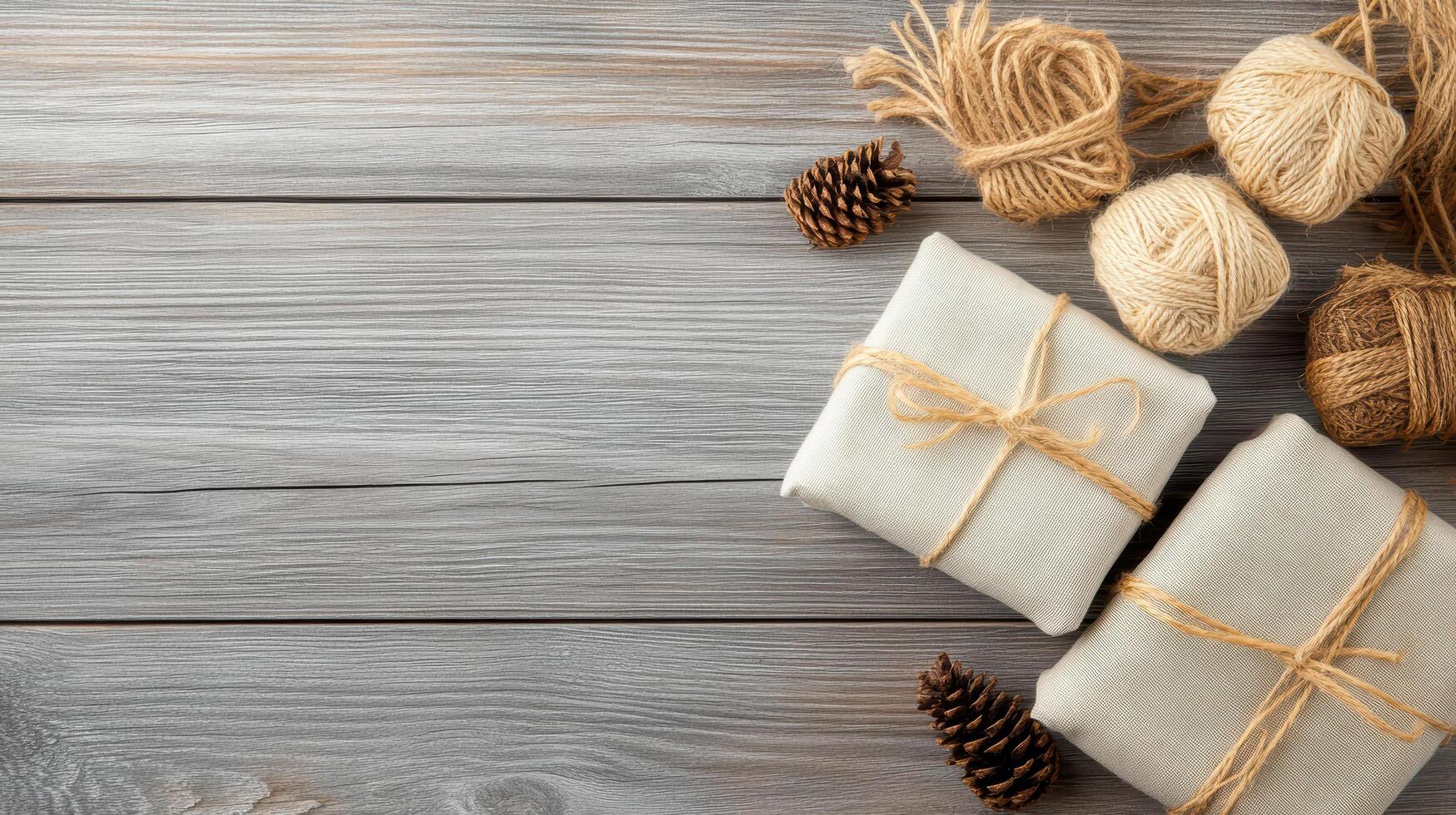 Christmas gift wrapped in twine on wooden table photo