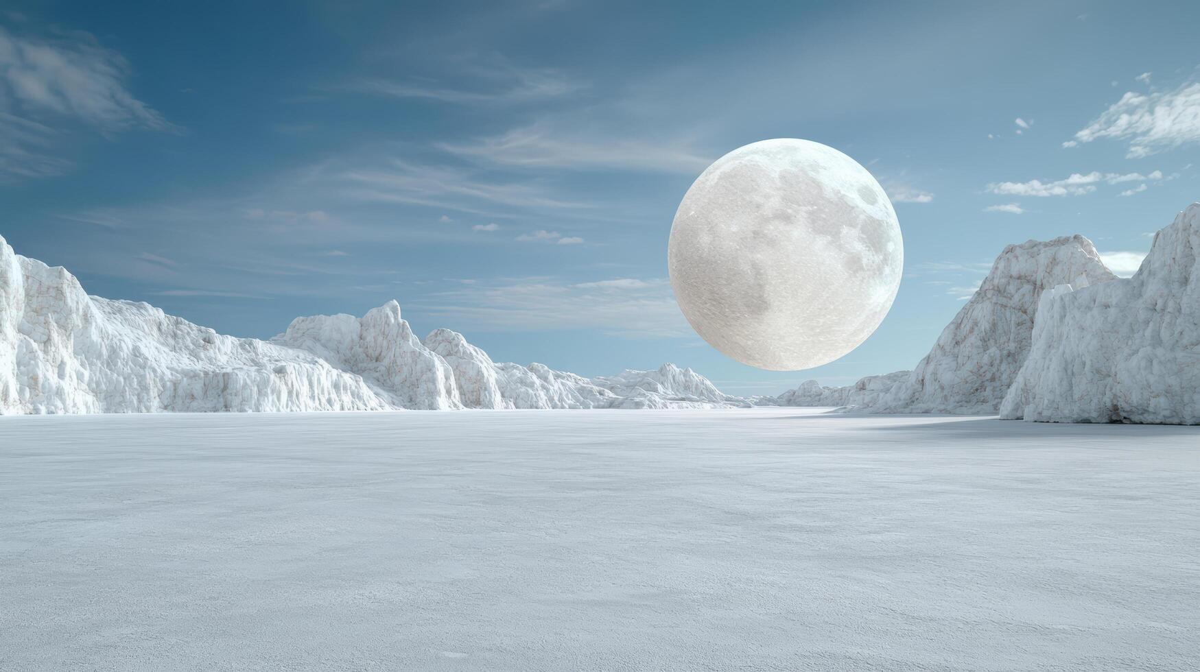 A large white moon is seen in the sky over a snowy landscape photo