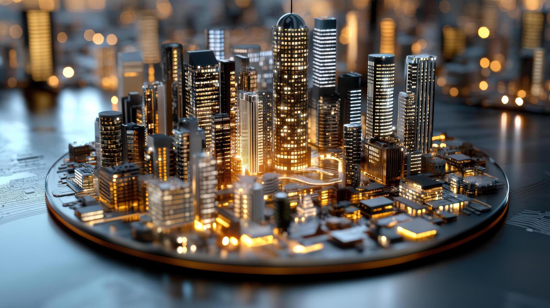 3d cityscape with skyscrapers and lights photo