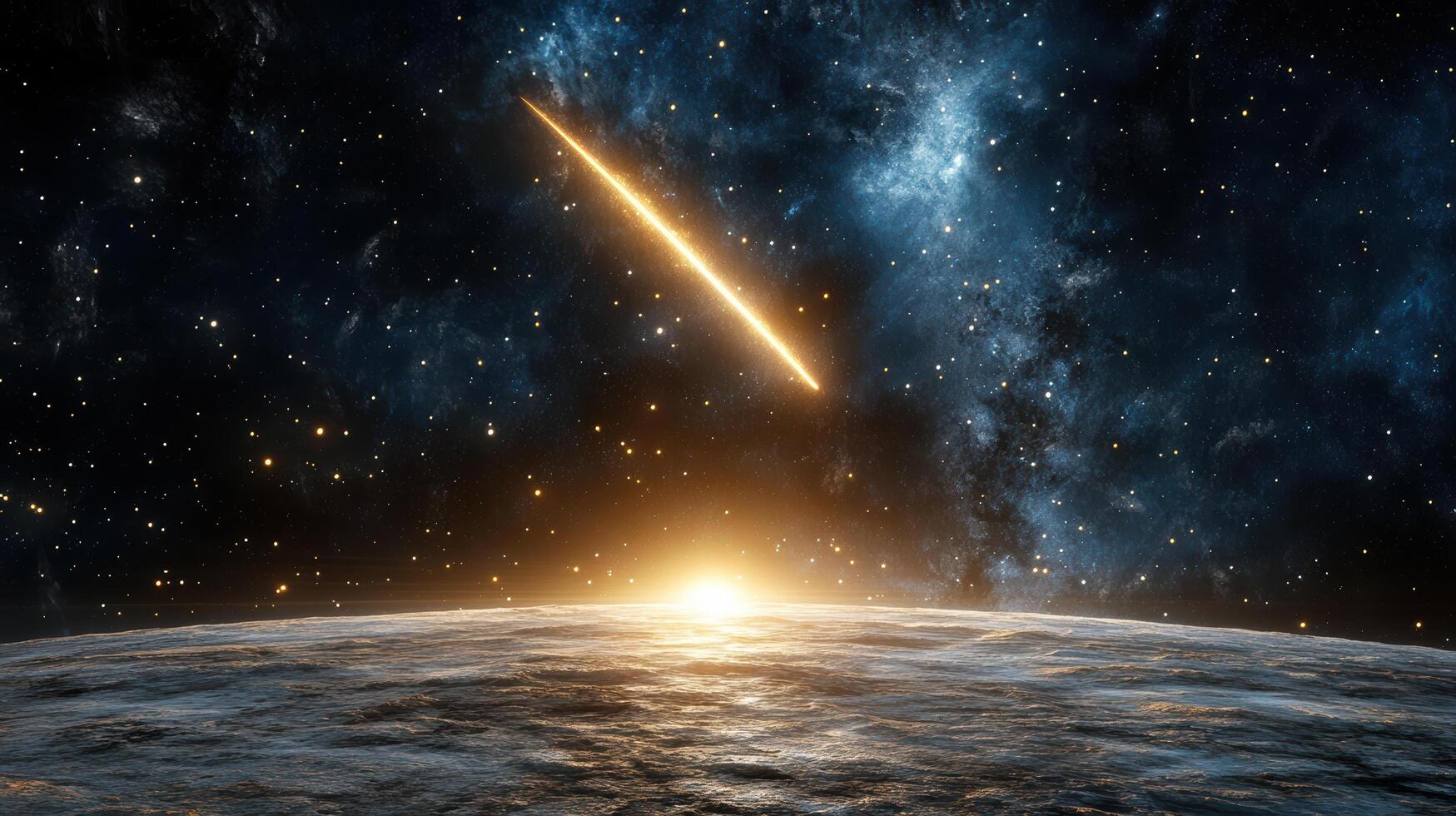 A comet is seen in the sky over the earth photo