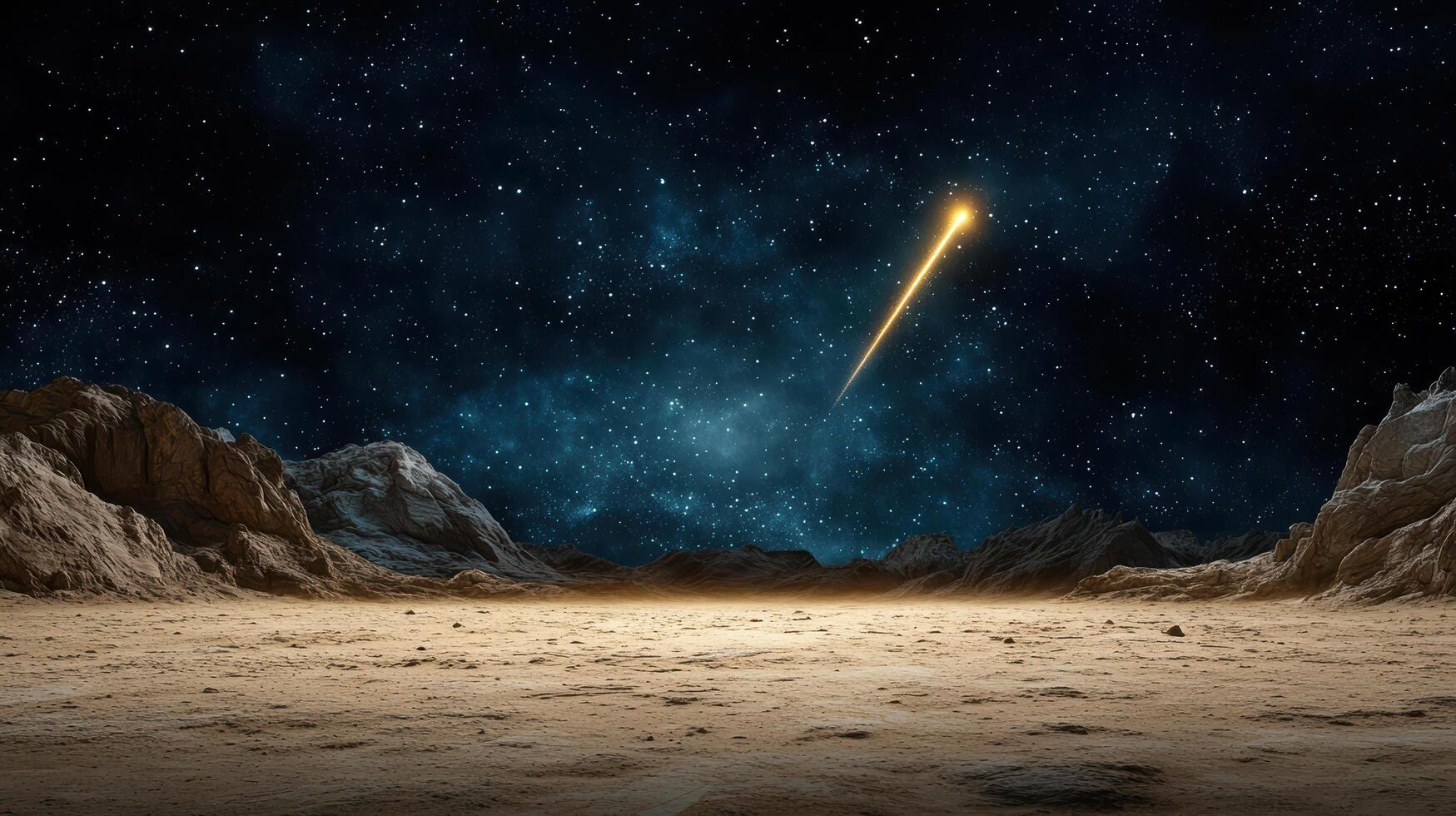A comet is flying over a desert with mountains in the background photo