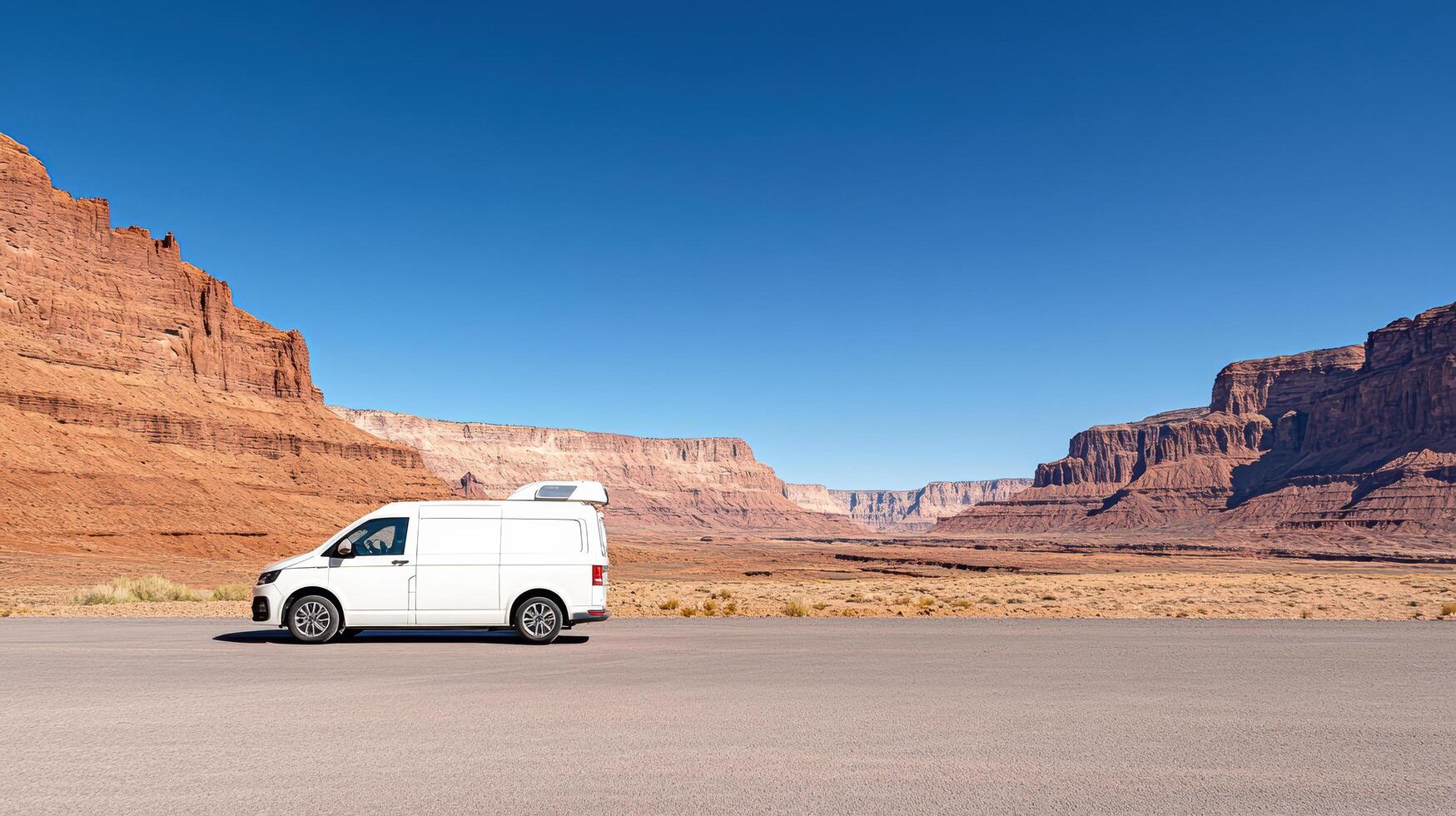 A white van is parked on the road in the desert photo
