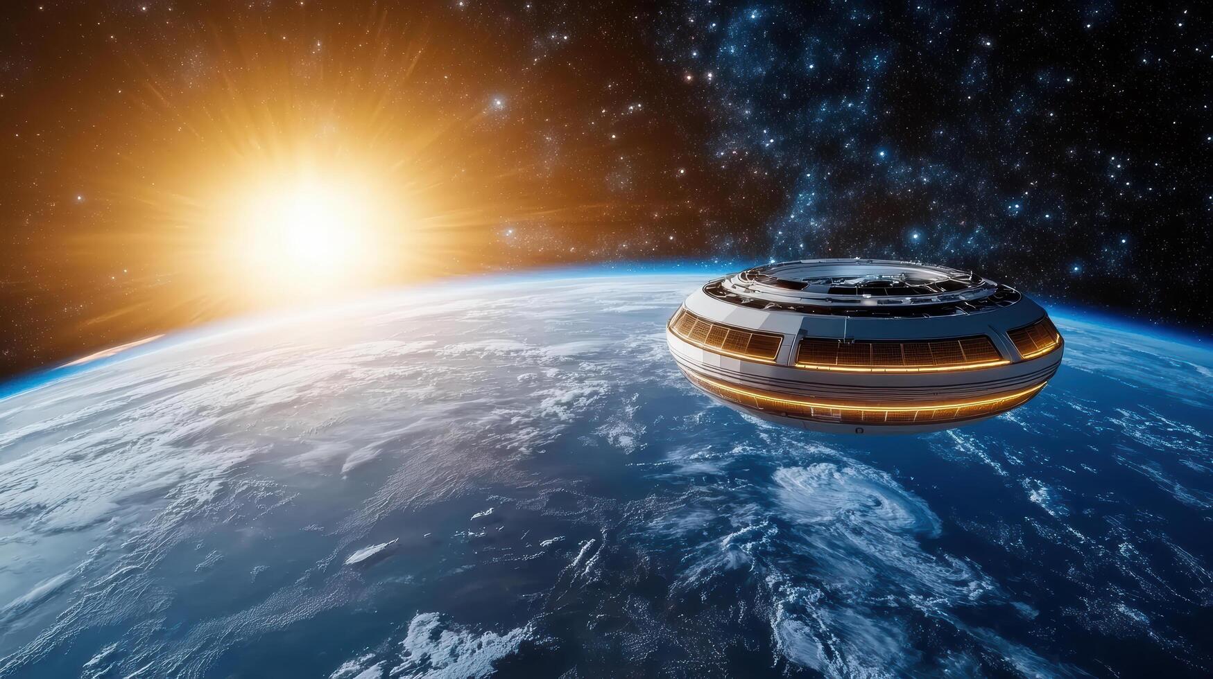 An alien spaceship flying over the earth photo