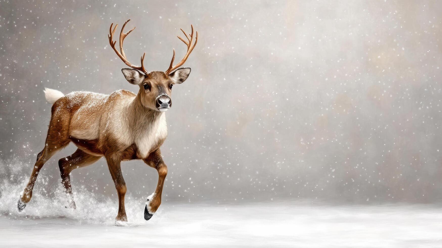 A reindeer is running in the snow photo
