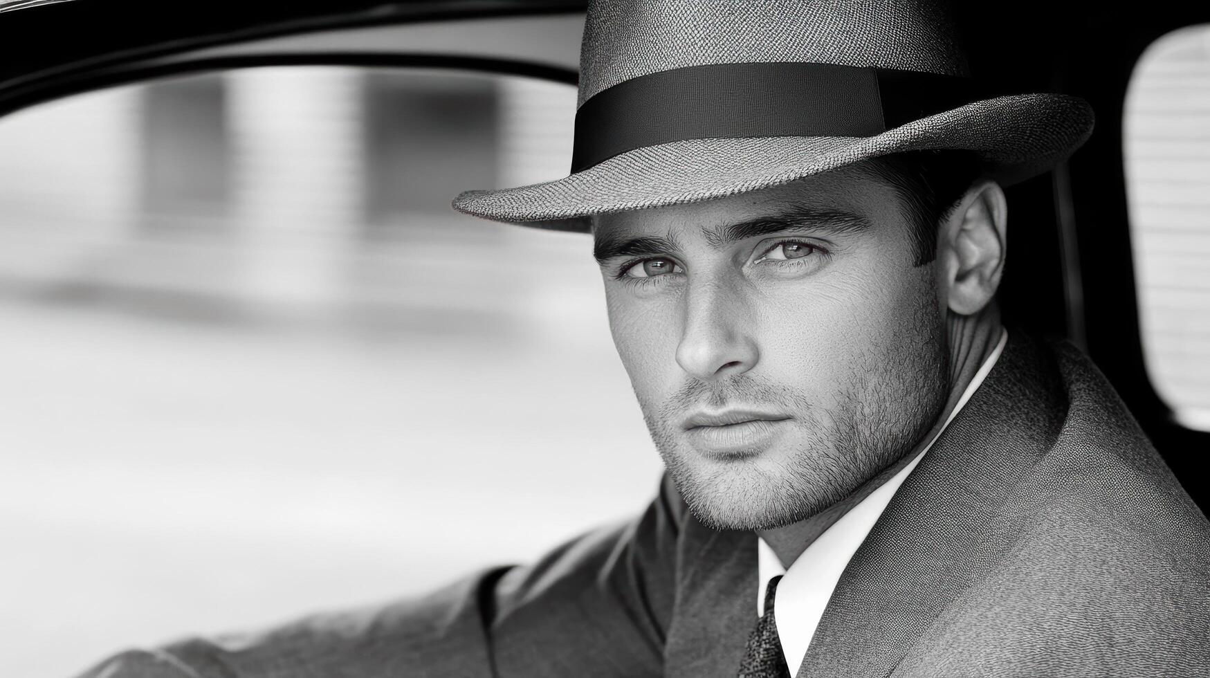 A man in a suit and hat sitting in a car photo