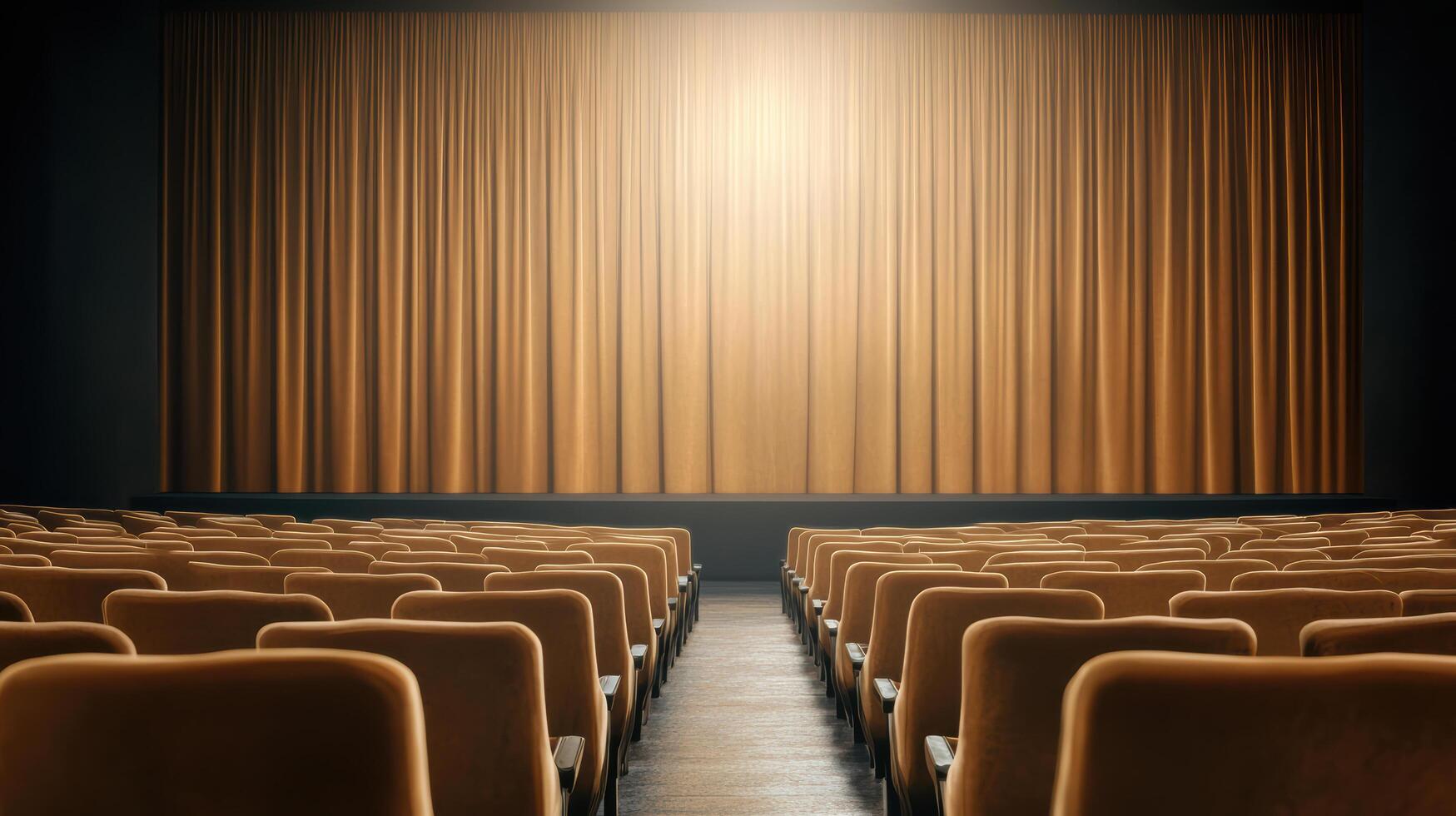 Empty theater with rows of chairs and a curtain photo