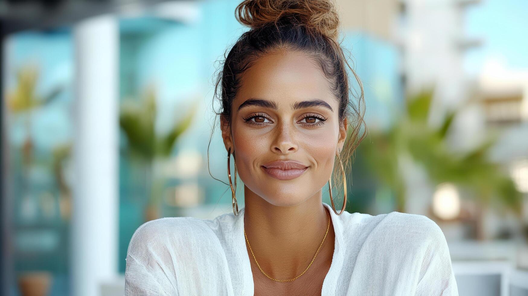 A woman with a white shirt and earrings photo