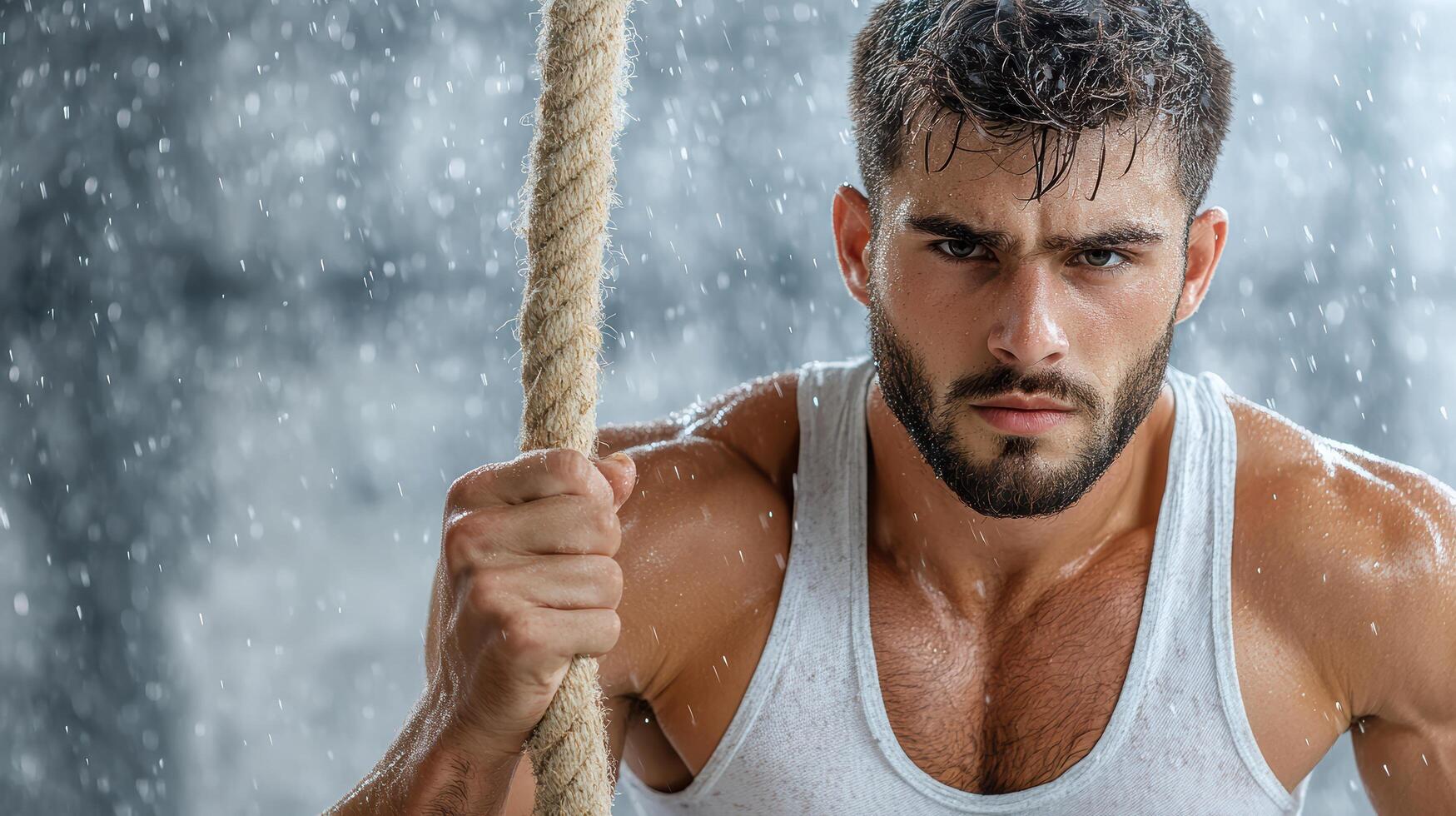 A man in a tank top holding a rope photo