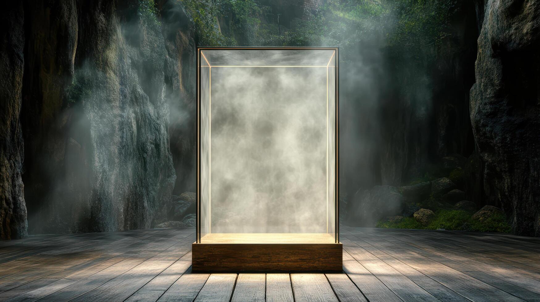 An empty glass box with water coming out of it photo