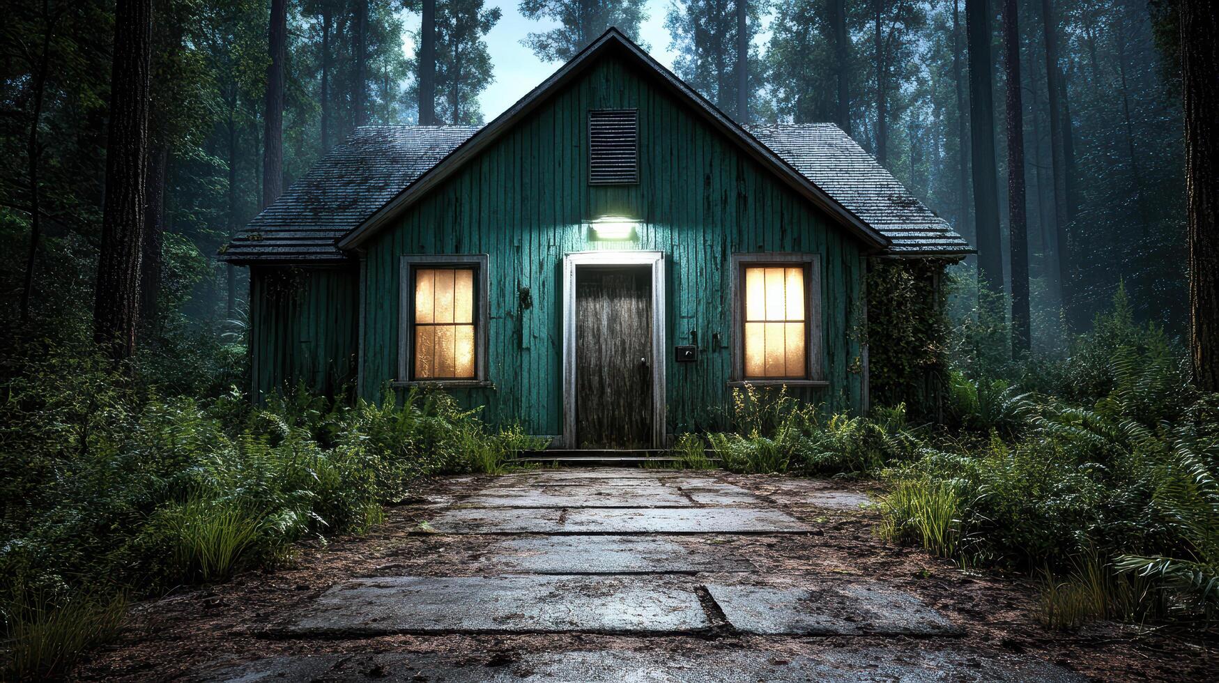 A small house in the woods at night photo