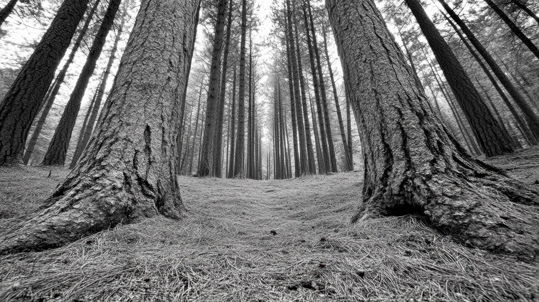 Black and white photograph of trees in the forest photo